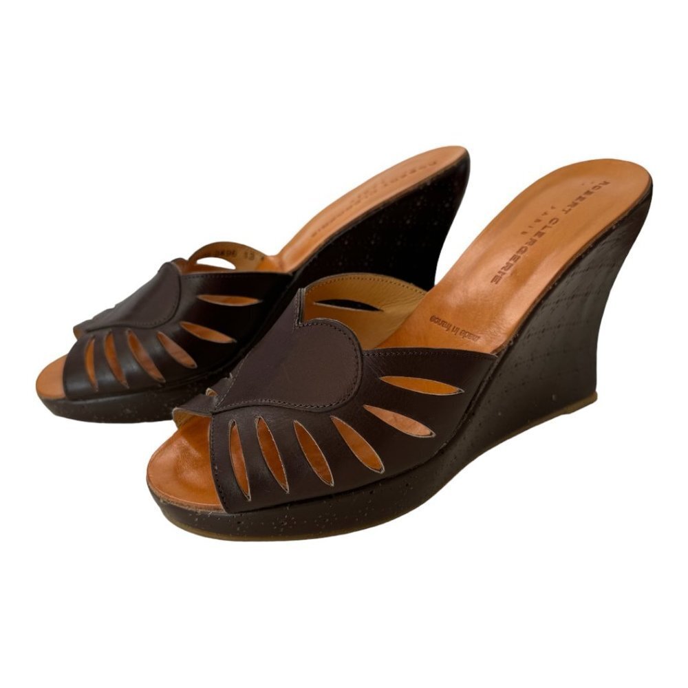 ROBERT CLERGERIE 1990s Brown Heart Platform Wedge Sandals Size 8